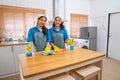 Portrait of two Asian housekeeper or housemaid women stand together near table in kitchen and hold towel for cleaning and look at Royalty Free Stock Photo