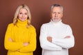 Portrait of two attractive cheerful content grey-haired people folded arms isolated over brown color background Royalty Free Stock Photo