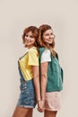 Portrait of two attractive young girls, twin sisters in casual wear smiling at camera, holding hands, posing together Royalty Free Stock Photo