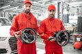 Portrait of a two auto mechanics at the car service Royalty Free Stock Photo