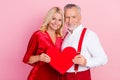 Portrait of two beautiful handsome tender spouses bonding holding heart shape isolated over pink pastel color background