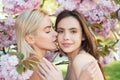 Portrait of a two beautiful spring girls. Two young women relaxing in sakura flowers. Lesbian couple kissing. Sensual Royalty Free Stock Photo