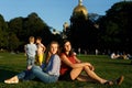 Portrait of two beautiful women outdoors. Saint Petersburg Tourism Royalty Free Stock Photo