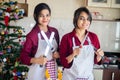 Portrait Of Two Beautiful Young Indian Girls wearing Apron Holding Knives In Hand Posing At Home Kitchen, Christmas Celebration Royalty Free Stock Photo