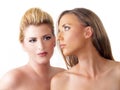 Portrait of two blond women bare shoulders