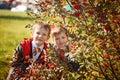 Portrait of two boys, brothers and best friends smiling. Friends hugging. Royalty Free Stock Photo