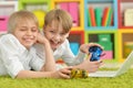 Portrait of two boys playing computer games Royalty Free Stock Photo