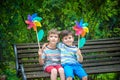 Portrait of two boys, sibling brothers and best friends smiling.