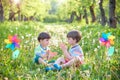 Portrait of two boys, siblings, brothers and best friends smiling. Friends hugging. Royalty Free Stock Photo