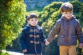 Portrait of two boys, siblings, brothers and best friends smiling. Friends hugging. Happy kids wearing warm closes in orangery pa Royalty Free Stock Photo