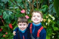 Portrait of two boys, siblings, brothers and best friends smiling. Friends hugging. Royalty Free Stock Photo