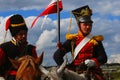 Portrait of two brave reenactors dressed as Napoleonic war soldiers.