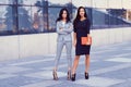 Portrait of two businesswomen dressed in a stylish formal clothes, standing in a downtown posing against a background of Royalty Free Stock Photo