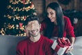 Portrait of two charming lady close her sweetheart face give present for christmas vacation follow new year x-mas