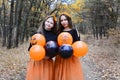 Portrait of two cheerful girlfriends with black and orange balloons at a themed event against the background of the autumn forest Royalty Free Stock Photo