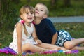 Portrait of two children boy and girl brother and sister sitting Royalty Free Stock Photo