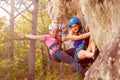 Two climbers abseiling training on steep rock Royalty Free Stock Photo
