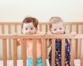 Portrait of two cute adorable funny babies siblings friends of nine months standing in bed crib Royalty Free Stock Photo