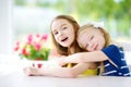 Portrait of two cute little sisters at home on beautiful summer day Royalty Free Stock Photo