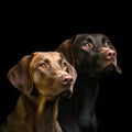 Portrait of two dogs, brown and black, isolated on black background Royalty Free Stock Photo