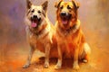 Portrait of two dogs in front of a colored background,  Digital painting Royalty Free Stock Photo