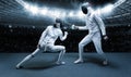 Portrait of two fencers against the backdrop of a sports arena. The concept of fencing. Duel Royalty Free Stock Photo