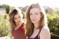 Portrait of two girlfriends on the roof Royalty Free Stock Photo