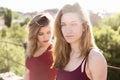 Portrait of two girlfriends on the roof Royalty Free Stock Photo