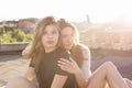 Portrait of two girlfriends on the roof Royalty Free Stock Photo