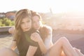 Portrait of two girlfriends on the roof Royalty Free Stock Photo