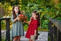 Portrait of two girls in a red and green dress, smiling outdoors, enjoying a warm sunny summer day. Sisters with apples and Royalty Free Stock Photo