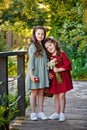 Portrait of two girls in a red and green dress, smiling outdoors, enjoying a warm sunny summer day. Sisters with apples and Royalty Free Stock Photo