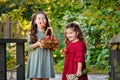 Portrait of two girls in a red and green dress, smiling outdoors, enjoying a warm sunny summer day. Sisters with apples and Royalty Free Stock Photo