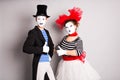 Portrait of a two happy mimes comedian showing thumbs up, April Fools Day concept Royalty Free Stock Photo