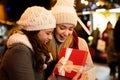 Portrait of happy women exchanging christmas presents. Holiday people christmas happiness concept Royalty Free Stock Photo