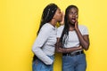 Portrait of two happy young african women sharing secrets isolated over yellow background Royalty Free Stock Photo