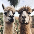 portrait of two llamas in a desert setting