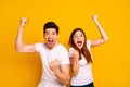Portrait of two nice attractive lovely charming cheerful cheery crazy overjoyed people having fun lottery win winner Royalty Free Stock Photo