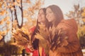 Portrait of two nice-looking attractive pretty cheerful cheery best girlfriends spending free time weekend in wood Royalty Free Stock Photo