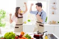 Portrait of two people harmony man woman couple prepare lunch dinner win chef cooking competition celebrate lucky Royalty Free Stock Photo