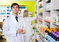 Portrait of two pharmacists working in modern farmacy Royalty Free Stock Photo