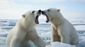 portrait of two polar bears fighting in water on ice showing teeth Royalty Free Stock Photo