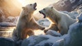 portrait of two polar bears fighting in water on ice showing teeth