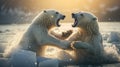 portrait of two polar bears fighting in water on ice showing teeth