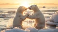 portrait of two polar bears fighting in water on ice showing teeth