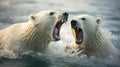 portrait of two polar bears fighting in water on ice showing teeth