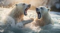 portrait of two polar bears fighting in water on ice showing teeth