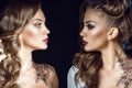 Portrait of two sides of the same woman. One half symbolizes her good nature, another one is a dark side. Human nature concept Royalty Free Stock Photo