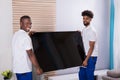 Young Movers Placing Television In The Living Room