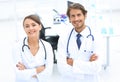 Portrait of two successful professional doctors workers in coats Royalty Free Stock Photo